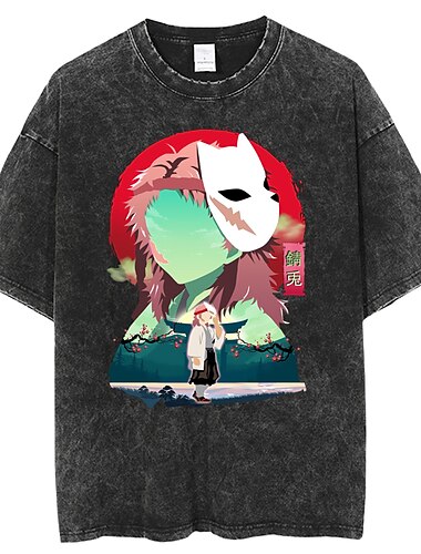 Kamado Nezuko Kamado Tanjiro Akaza T-Shirt-Ärmel Übergroßes Acid Washed T-Shirt Bedruckt Grafik Für Paar Herren Damen Erwachsene Säurewäsche Casual