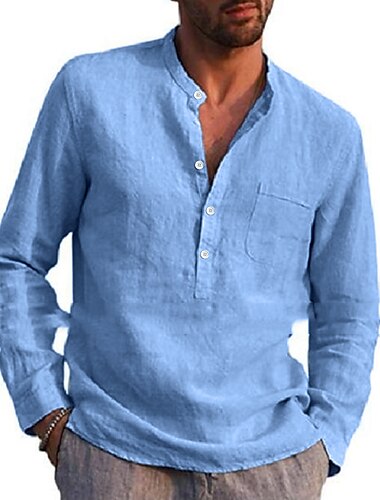  Herren Hemd leinenhemd Hemd mit Stehkragen Sommerhemd Strandbekleidung Feste Farbe Strasse Hawaiianisch Hellblau Weinrot Schwarz Weiß Langarm Kragen Sommer Frühling Bekleidung