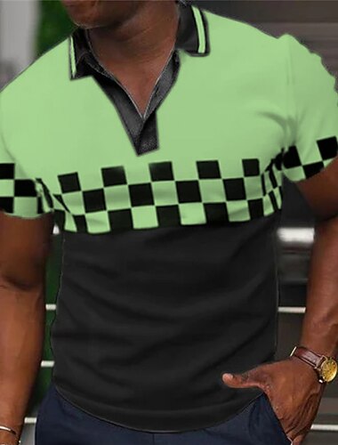  Férfi Kockás Pólóingek Golfing Rövid ujjú Pólóingek V-alakú Alkalmi Nyaralási viselet Ünnepi viselet Fesztivál viselet 3D nyomtatás Fekete Sárga Medence