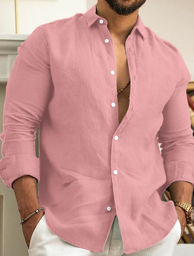  Herren Leinenhemd Sommerhemd Strandbekleidung Freizeithemd Knopfhemd Hemden zum Herausstecken Einfach Urlaub Lässig Schwarz Weiß Rosa Marineblau Langarm Revers Frühling & Sommer Bekleidung