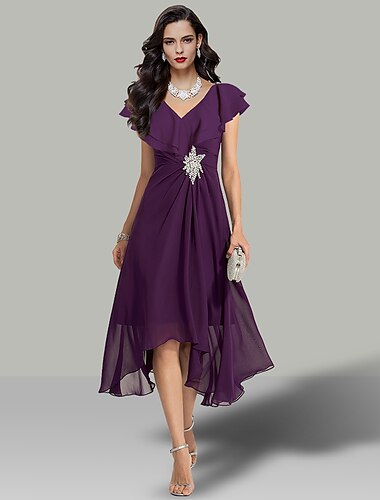  A-Lijn Bruiloft Gast Jurken Elegante Jurk Cocktail Feest Semi Formeel Thee Lengte Korte Mouw V-Hals Chiffon met Rhinestone 2025