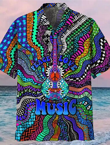 Voor heren Muziek Hippie Overhemd Hawaiiaans overhemd Overhemd met knopen Korte mouw Sport Modieus Streetwear Casual Buiten Hawaii Zomer Lente Cubaanse kraag Afdrukken blauw Paars Regenboog