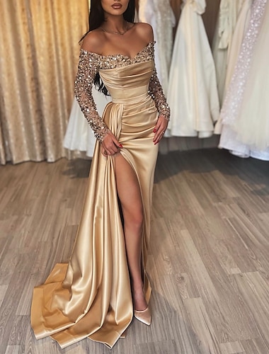  Mermaid Black Dress Evening Dress Wedding Guest Sparkle & Shine Dress Formal Wedding Party Court Train Long Sleeve Off Shoulder Fall Wedding Reception Satin with Ruched Sequin Slit 2024