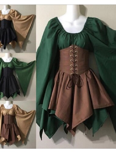  Middeleeuws Cocktail jurk Vintage Jurk Kort / Mini Jurken Ren Faire Prinses Viking Ranger Boogschieten U-hals Dames Keltisch Piraat Fantasie Feestje / cocktail Festival Volwassenen Kleding Alle