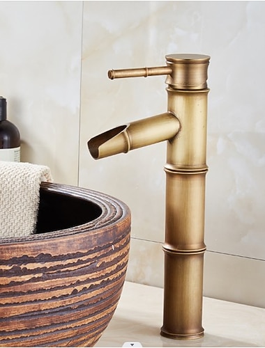  Grifo mezclador de lavabo de baño vintage con forma de bambú, grifos de lavabo monobloque de estilo retro, manija única de latón antiguo, cubierta de un orificio montada con manguera de agua fría y caliente