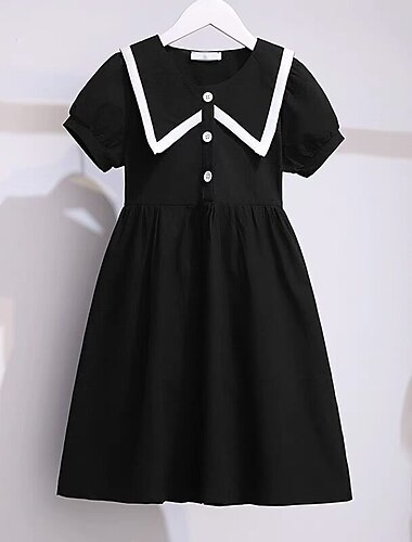  Kinder Mädchen Kleid Einfarbig Kurzarm Lässig Lässig Süß Baumwolle Midi Freizeitkleid A Linie Kleid Sommer Frühling 3-13 Jahre Schwarz Weiß