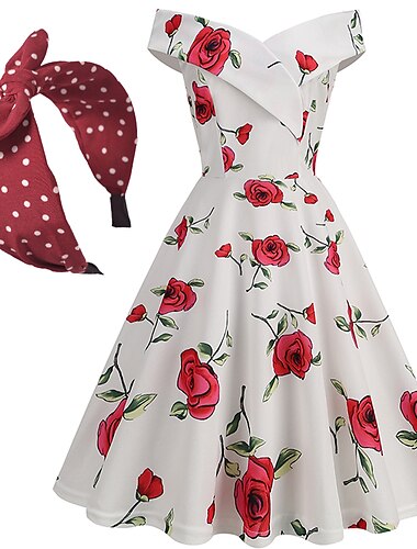  50er Jahre A-Linienkleid 50er Jahre Vintage elegant Sommer Cocktailkleid Damen schulterfrei Vintage Kleid Hochzeit Party knielang A-Linienkleid Maskerade