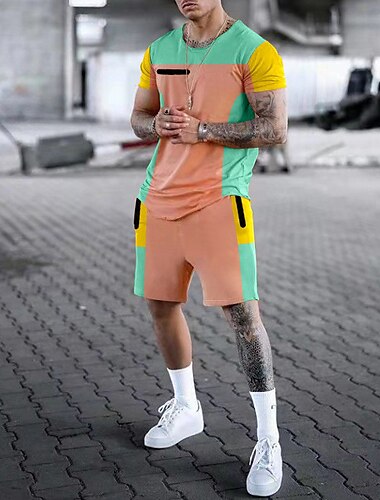  Herren Grafik Farbblock 2St T-Shirts-Sets Shorts und T-Shirt-Set T-Shirt-Outfits Kurzarm Rundhalsausschnitt Designer Lässig Bequem Outdoor Urlaub Täglich 3D-Druck 2 teilig Frühling & Sommer Schwarz