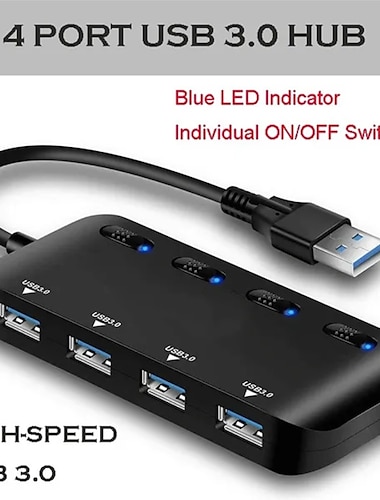  Hub USB 3.0 a 4 porte con interruttori di alimentazione a LED individuali Splitter di trasferimento compatibile con hub dati portatile