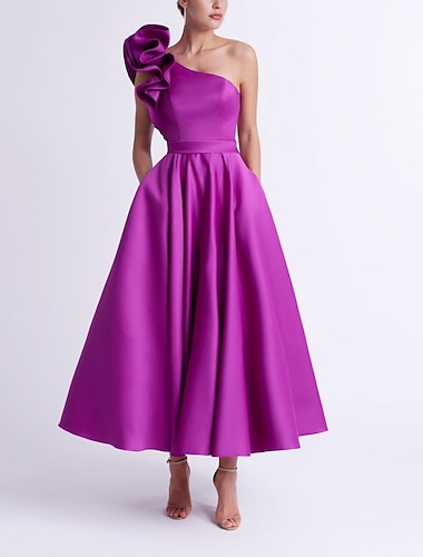  שמלת אורח כלה בקו א-ליין שמלה אלגנטית למחצה רשמית למסיבה לבוש באורך הקרסול ללא שרוולים כיס כתף אחת סאטן עם סלסולים 2024