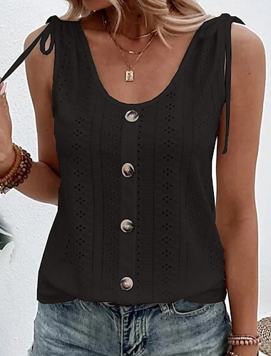  Damen Spaghettiträger Top Lochmuster Top Schicke Tops Einfarbig Basic Ärmellos U-Ausschnitt Regelmäßige Tops Täglich Wochenende Knöpfe Hellblau Karmosin Schwarz Weiß Pink