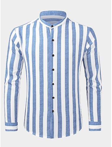  Herren Hemd Hemd mit chinesischem Kragen Hemd mit Stehkragen Sommerhemd Freizeithemd Knopfhemd Blau Grün Dunkelblau Langarm Streifen Großvaterkragen Stehkragen Urlaub Täglich Bekleidung Baumwolle