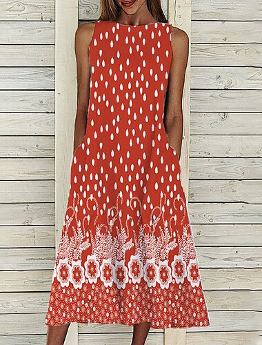  Damen Midi Kleid Freizeitkleid Shift Kleid Tank Kleid Polka Punkt Druck Rundhals Basic Alltag Urlaub Ärmellos Sommer Frühling