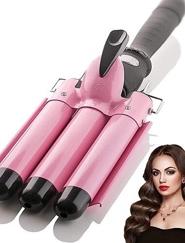 Rizador de cabello de 3 cilindros, rizador de cabello de doble voltaje con pantalla LCD de temperatura, cilindros triples de turmalina de cerámica de 1 pulgada, temperatura ajustable, agitador de