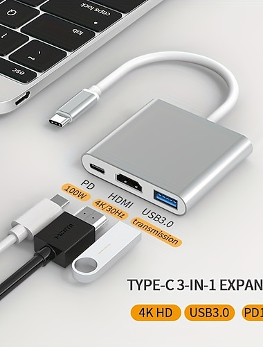  محور USB C 3 في 1 ، توصيل طاقة 100 واط ، منفذ USB 3.0 و 4 K 30 هرتز ، لماك بوك برو 2022-2016 ، سطح ماك اير / سطح / كروم / بخار جديد ، محطة إرساء فضية