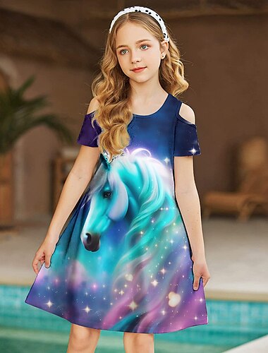  kinderkleidung Mädchen Kleid Graphic Tier Einhorn Kurzarm Outdoor Casual Ausgehöhlt Modisch Kuschelig Täglich Polyester Übers Knie Casual kleid A Linie Kleid Sommer Frühling 3-12 Jahre Mehrfarbig