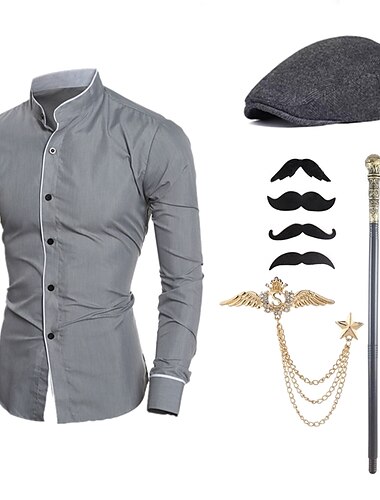 pánská gangsterská košile z 20. let s doplňky sada 5 ks retro vintage řvoucí 20. léta téma party cosplay kostým zpravodajský klobouk vousy brož hůl