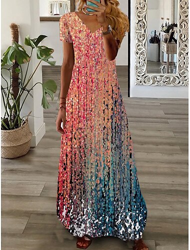 Damen Freizeitkleid Grafikdruck V-Ausschnitt Maxi langes Kleid lässig Alltag Urlaub Kurzarm Sommer Frühling
