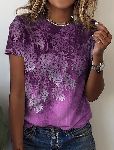  Damen T-Shirt Basic Blumendruck Kurzarm Normal Oberteile Rundhals Urlaub Wochenende Gelb Rosa Blau Grün