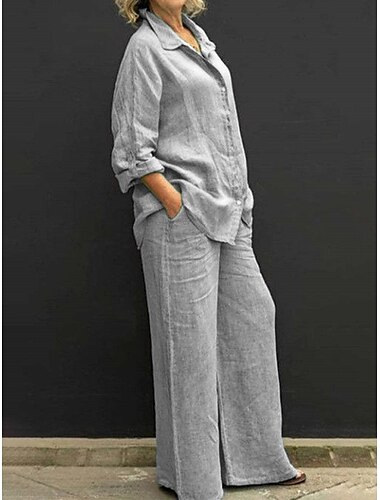  vêtements de détente pour femmes ensembles inspirés du lin ensembles deux pièces décontracté confort couleur pure poche taille élastique chemise vacances rue quotidien manches longues revers rose bleu vert gris clair été printemps automne