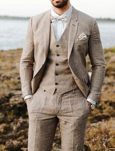  חליפות פשתן לגברים חתונה חוף 3 חלקים אפור בצבע אחיד חליפות קיץ בהתאמה אישית עם שני כפתורים חד חזה 2024