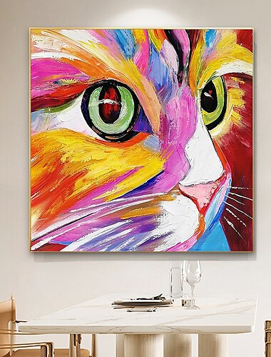  olieverfschilderij handgemaakte handgeschilderde kunst aan de muur abstract kat kleurrijk dier woondecoratie decor uitgerekt frame klaar om op te hangen