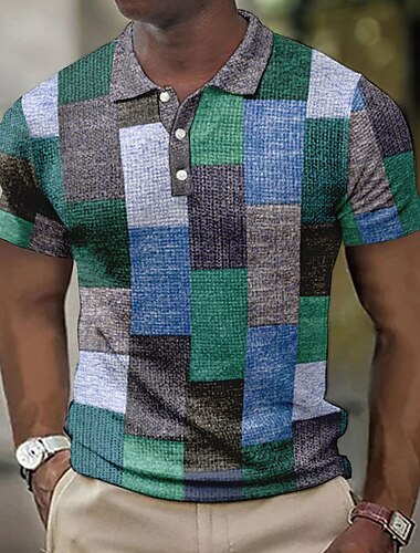  Herre Ternet Vaffel poloskjorter Golftrøje Kortærmet Polo skjorter Skjorter med krave Årgang Afslappet Ferietøj Formel beklædning Festivaltøj 3D-udskrivning Knapper Blå Lysegul Lys Lyserød