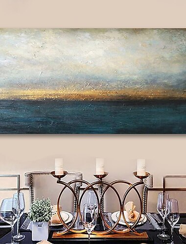  handgemachte ölgemälde leinwand wandkunst dekoration blaue und goldene landschaft für wohnkultur gespannter rahmen hängende malerei 90*45cm/100*50cm