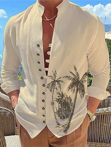  Herren Kokosnussbaum Tropische Pflanzen Hemd Hawaiihemd Sommerhemd Aloha-Shirt Langarm Hemd Ständer Modisch Designer Brautkleider schlicht Outdoor Urlaub Strasse Weiß Blau Grün S M L