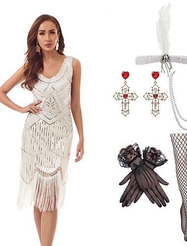  1920s gatsby flapper jurk met jaren 20 accessoires set dames pailletten kwastje fringe kostuum retro vintage cosplay party & avond cocktailjurk
