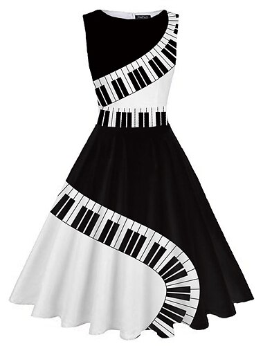  Dame Retro Rød 1950-tallet Vintage kjole Midikjole Daglig Stevnemøte Rynket Trykt mønster Note Crew-hals Ermeløs Tynn Sommer Vår 2023 Svart Hvit S M L XL