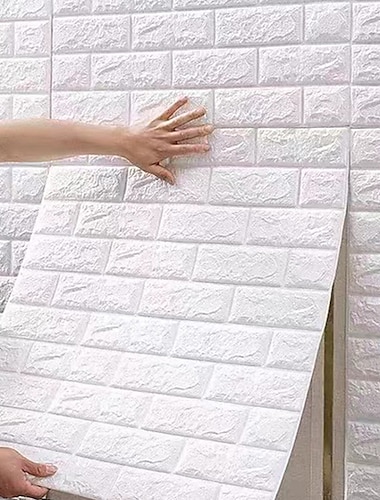  5pcs Wallpaper 3D Brick Self-Adhesive Wall Panels White Modern Waterproof Stone Look Wallpaper Foam Wall Sticker for Bathroom Bedroom Living Room Balcony Kitchen