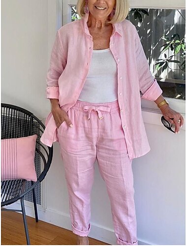  Damen-Sets aus Baumwollleinen, zweiteilige Sets, modisch, lässig, bequem, für den Alltag, Urlaub, Leinen, Sommer, Frühling, Heim-Outfits
