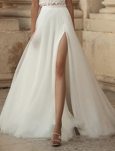  Strand Boho Hochzeitskleider A-Linie Teile Teile Sweep  Brush Zug Satin Brautrock Brautkleider mit Spalt vorn Einfarbig 2025
