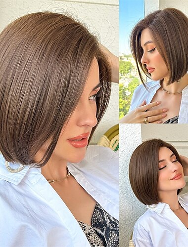  braune Damenperücken Bob schulterlang gerade Synthetik-Spitzenperücke Seitenscheitel mit Babyhaar