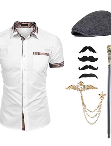  pánská gangsterská košile z 20. let 20. století s doplňky set skvělý retro vintage cosplay kostým Gatsby klobouk vousy brož hůlka