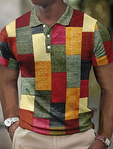  Homme Plaid Chemises Polo Gaufre Chemise de golf Manche Courte Polos Chemises à Col ancien Occasionnel Vêtements de vacances Tenue formelle Vêtements de festival Boutons Impression 3D Jaune clair