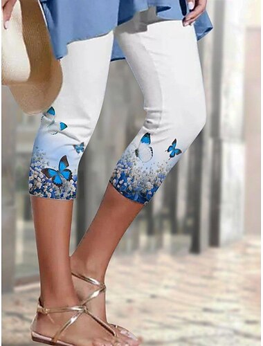  Vrouwen Leggings Capri Broek Hoge Elasticiteit Casual Kalf-lengte Vlinderafdruk Ademend Sneldrogend Zacht Rekbaar Casual Dagelijks Blauw