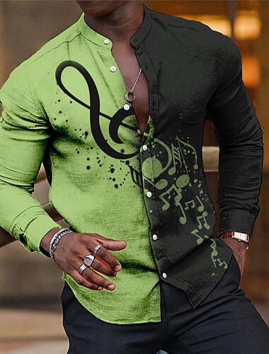  Voor heren Bestuursmeesters Muziek Opmerkingen Overhemd Overhemd met knopen Lange mouw Modieus Streetwear Ontwerper Casual Dagelijks Buiten Zomer Lente Herfst Opstaand Afdrukken blauw Blozend Roze