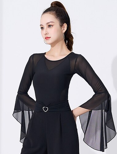  Latijnse dans Ballroomdansen Top Pure Kleur Gesplitst Tule Dames Prestatie Opleiding 3/4 mouw Hoog Spandex