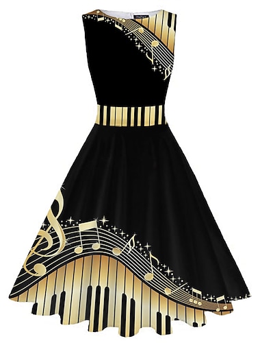  dames retro jaren 50 vintage thee jurken midi-jurk dagelijks datum ruches print opmerking ronde hals mouwloos slank zomer lente 2023 zwart wit s m l xl