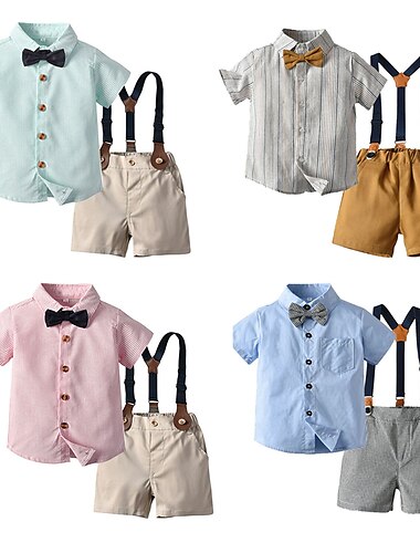  2 Stück Kinder Jungen Shirt & Shorts Outfit Einfarbig Gestreift Kurzarm Set Lässig Mode Täglich Sommer Frühling 7-13 Jahre Mehrfarbig Weiß Hellgrün