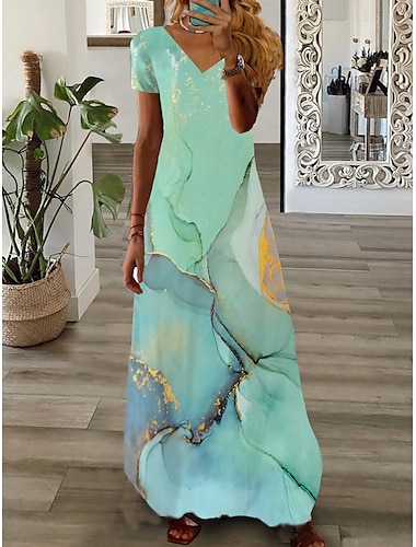  Women's Casual Dress Graphic Marbling Print V Neck Maxi long Dress Casual Daily Vacation Short Sleeve Summer Spring