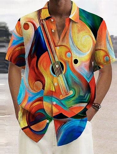  Voor heren Muziek Gitaar Overhemd Overhemd met knopen Korte mouw Modieus Ontwerper Casual Buiten Casual Zomer Lente Strijkijzer Afdrukken Geel Khaki