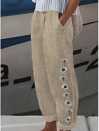  kvinnors bomull och linne loungewear byxor nattbyxor blommönster resår midja komfort hemgatan sommar vår svart vit hemkläder