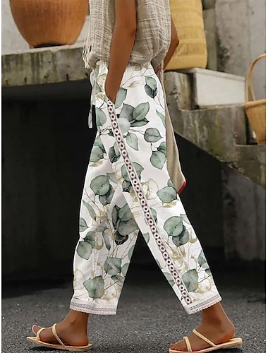  Mujer Pantalones de lino Pantalones anchos Mezcla Lino Algodón Encaje Bolsillos laterales Estampado Longitud total Blanco Verano