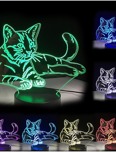  3d led luz de noche mascota gato ilusión usb al lado de la lámpara de mesa 7 colores que cambian el interruptor táctil decoración lámpara de noche regalo de cumpleaños juguete del tema del amante