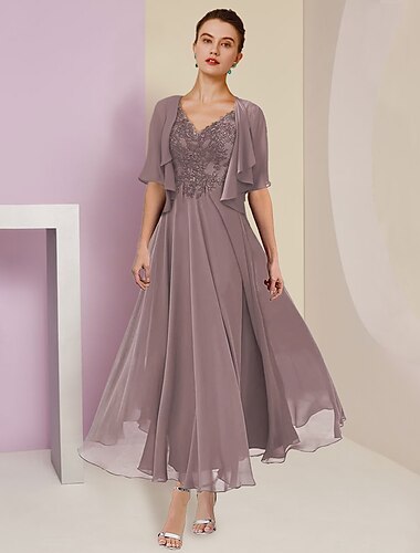  Zwei Teile A-Linie Brautmutter Kleid Formeller Hochzeitsgast Elegantes V-Ausschnitt Tee-Länge Chiffon Spitze Kurzarm Jackettkleider mit Falten Appliken 2025 freie Maßanfertigung