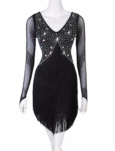  Danse latine Robe Gland Couleur Pure Cristaux / Stras Femme Utilisation Soirée manche longue Maille Spandex