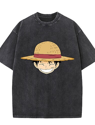  One Piece Affe D. Ruffy T-Shirt-Ärmel Übergroßes Acid Washed T-Shirt Bedruckt Grafik Für Paar Herren Damen Erwachsene Säurewäsche Casual